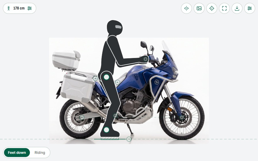 A rider silhouette over a motorcycle photo, with marked points on the seat, footpeg and handlebar grip